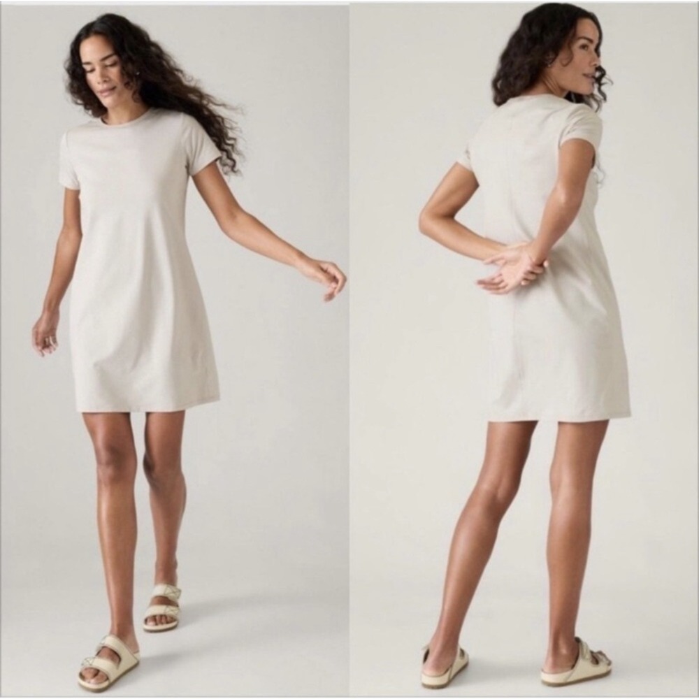 Athleta Essential Tee Dress Medium Beige Supima Cotton Pockets Casual Travel